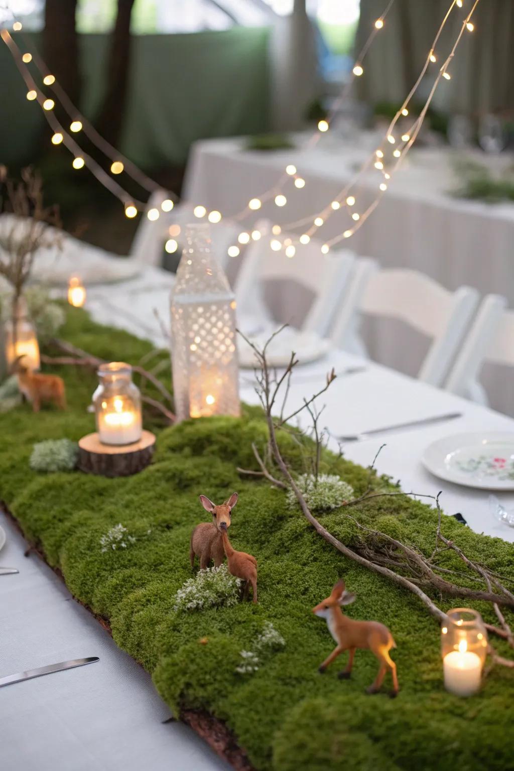 A magical forest-themed tabletop with moss and glowing lights.