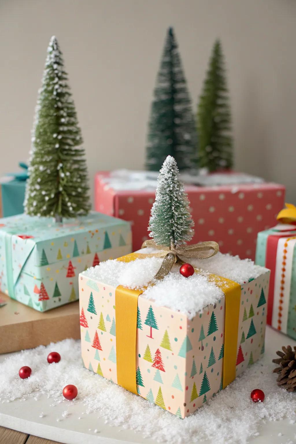 Gift boxes decorated with tiny winter scenes including trees and snow.