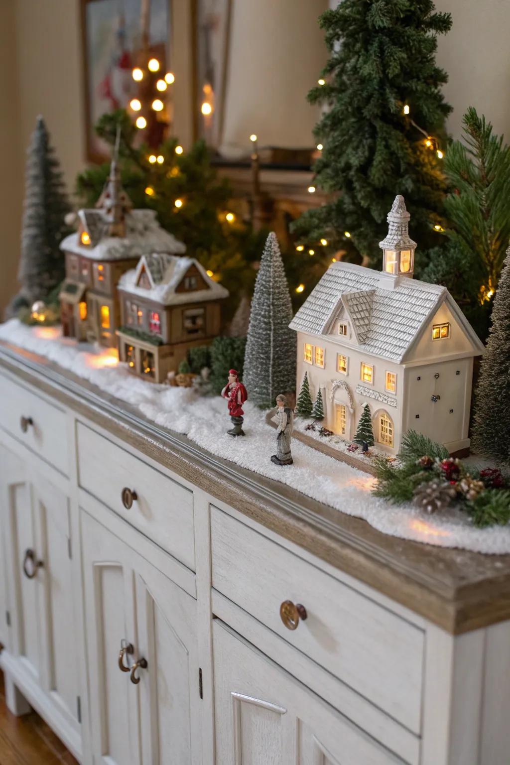 A festive village scene with miniature houses and trees.