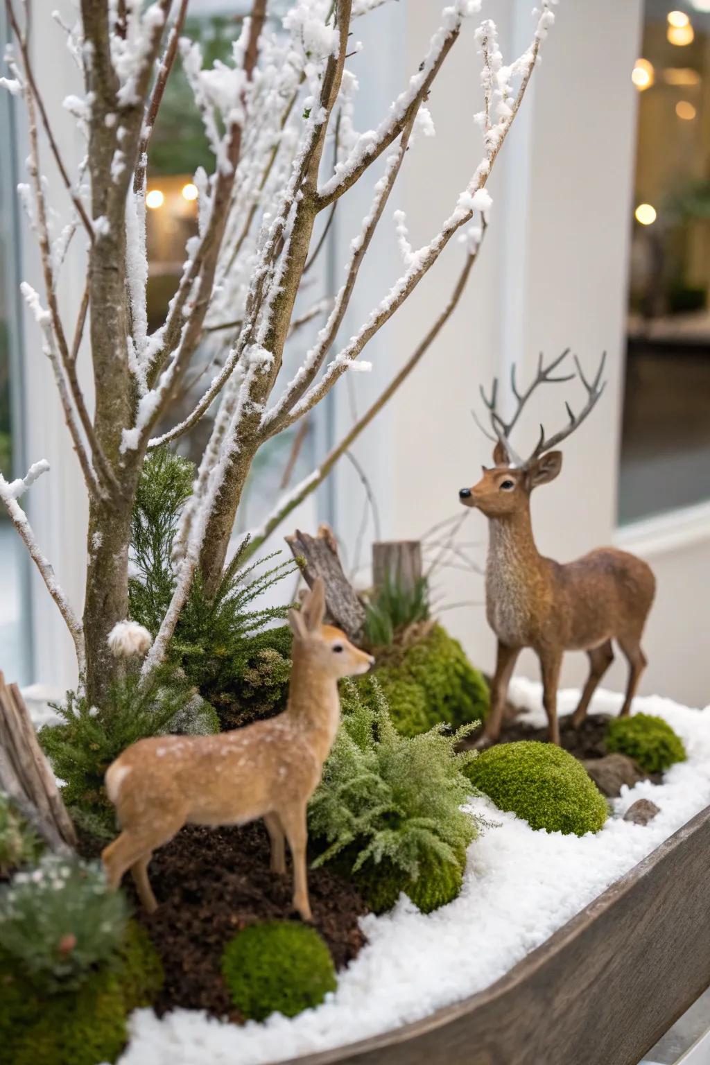 A peaceful winter wildlife scene with deer and snow-covered branches.
