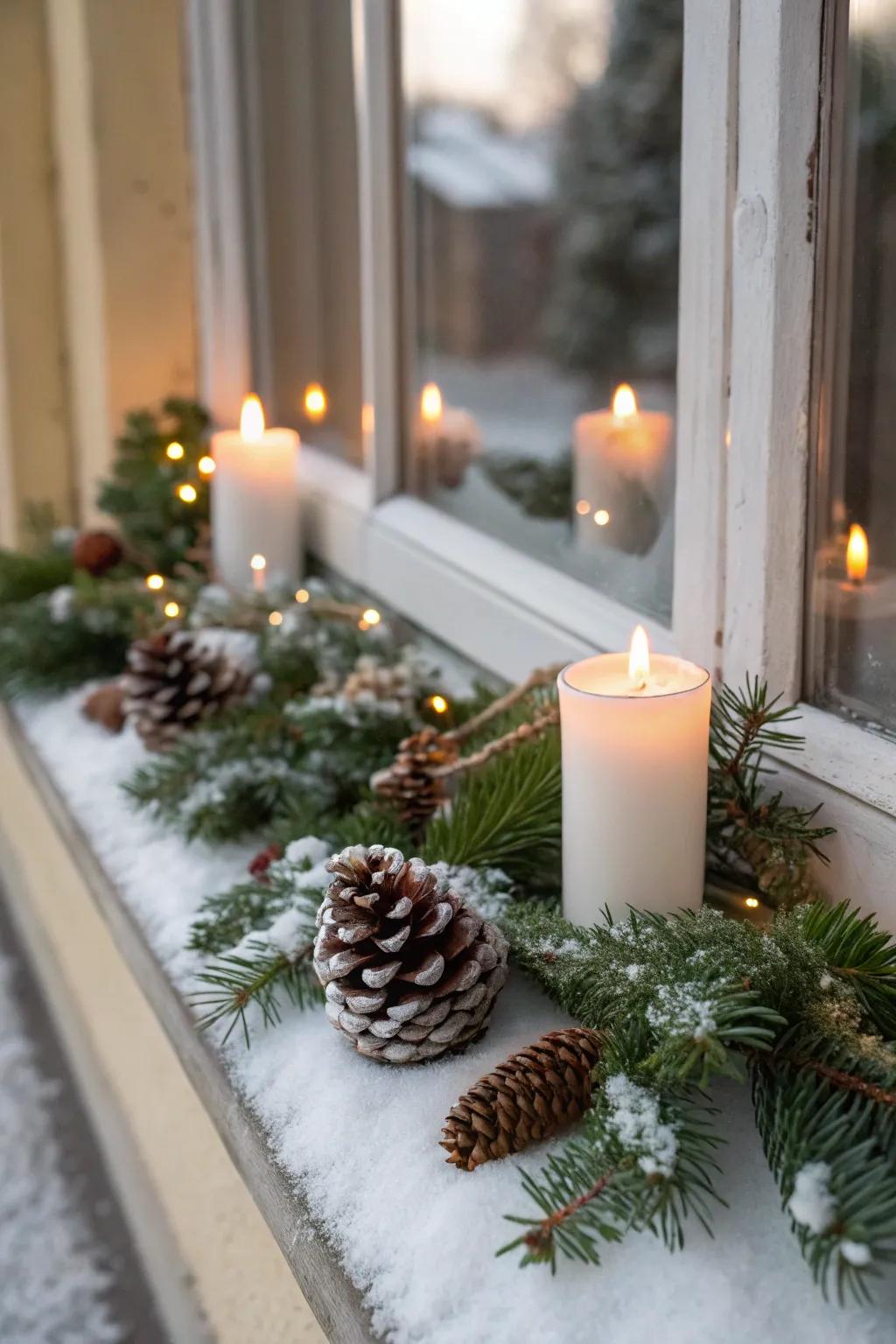 A festive window ledge decorated with snow-dusted pine cones and LED candles.
