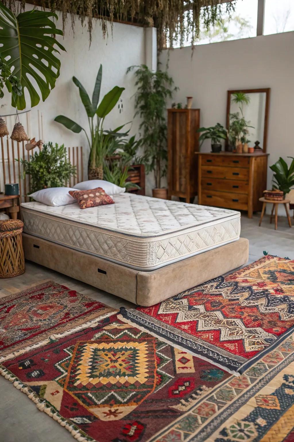 Bohemian style bedroom with eclectic decor.