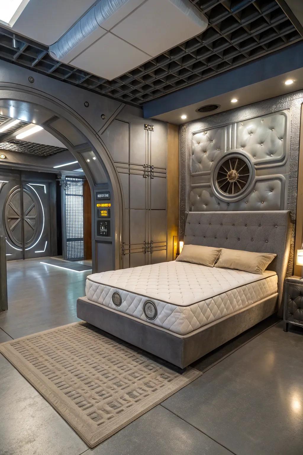 Futuristic bedroom with sleek materials and lighting.