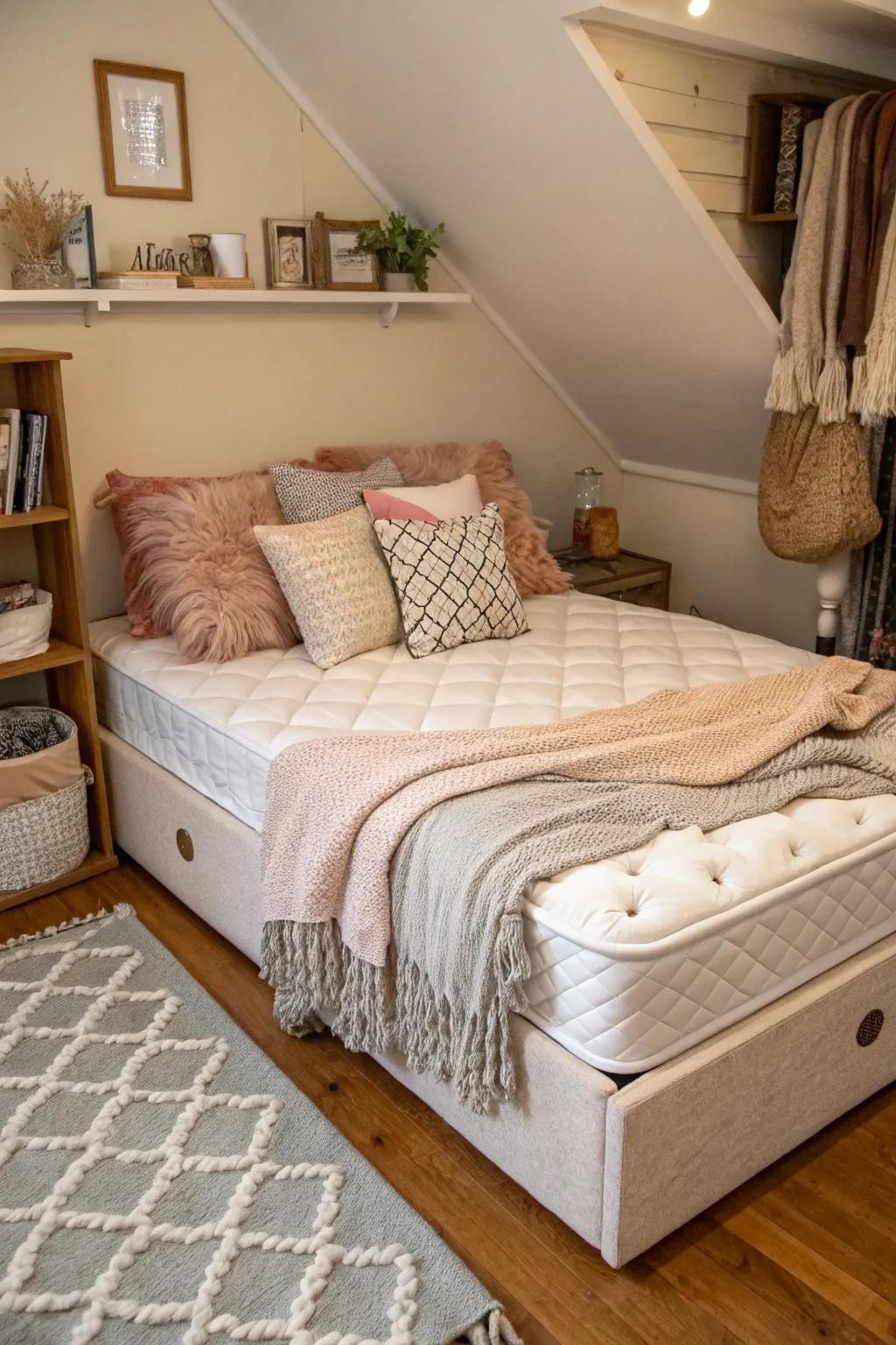 Cozy bedroom with layered textiles.