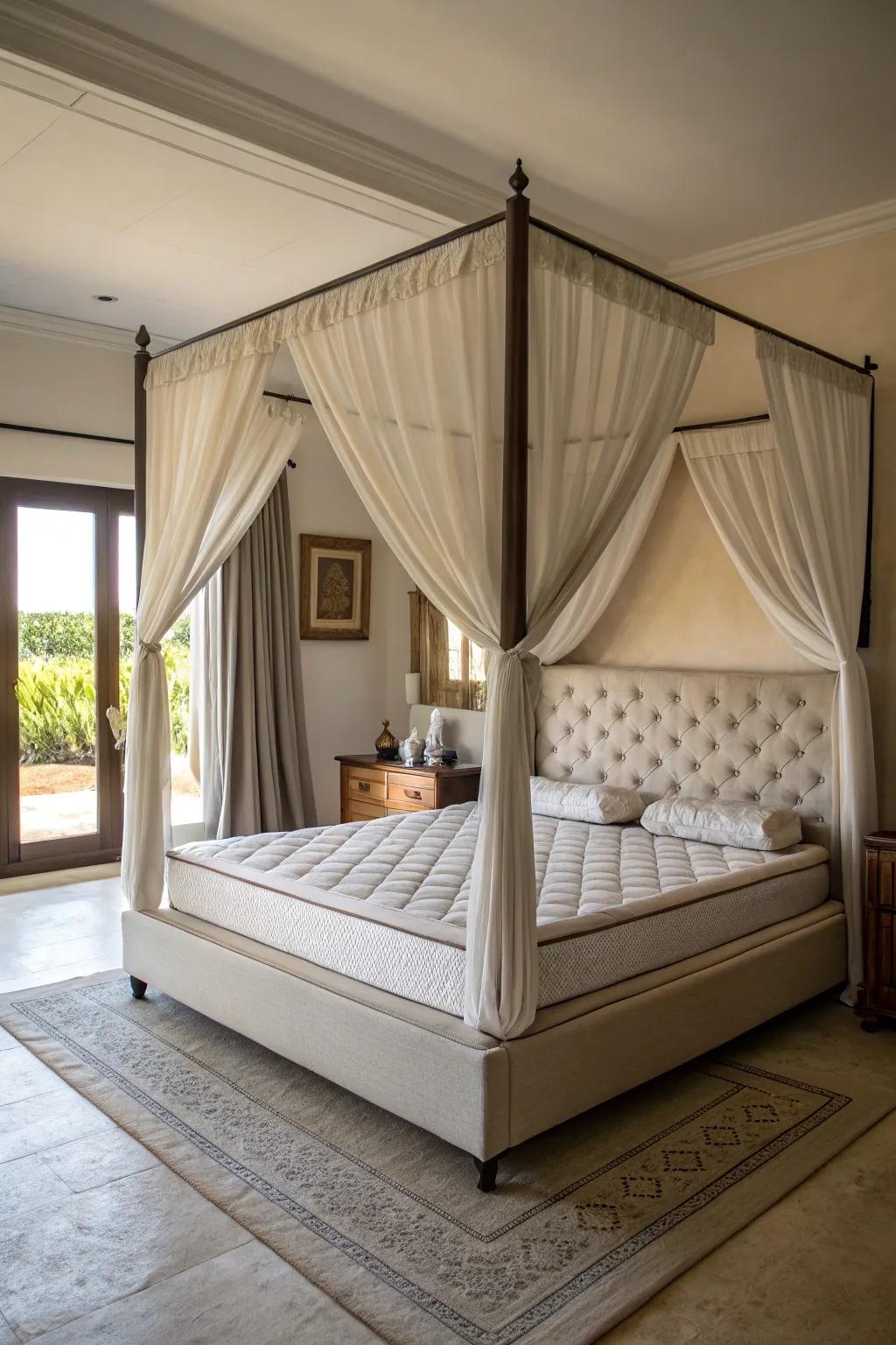 Elegant canopy over a floor bed.
