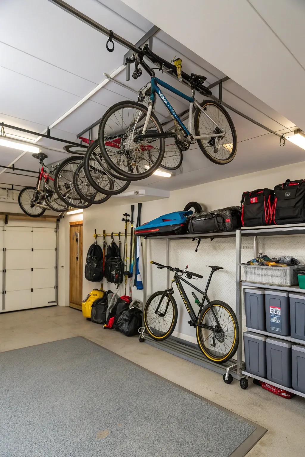 Ceiling-mounted storage racks optimize garage space.