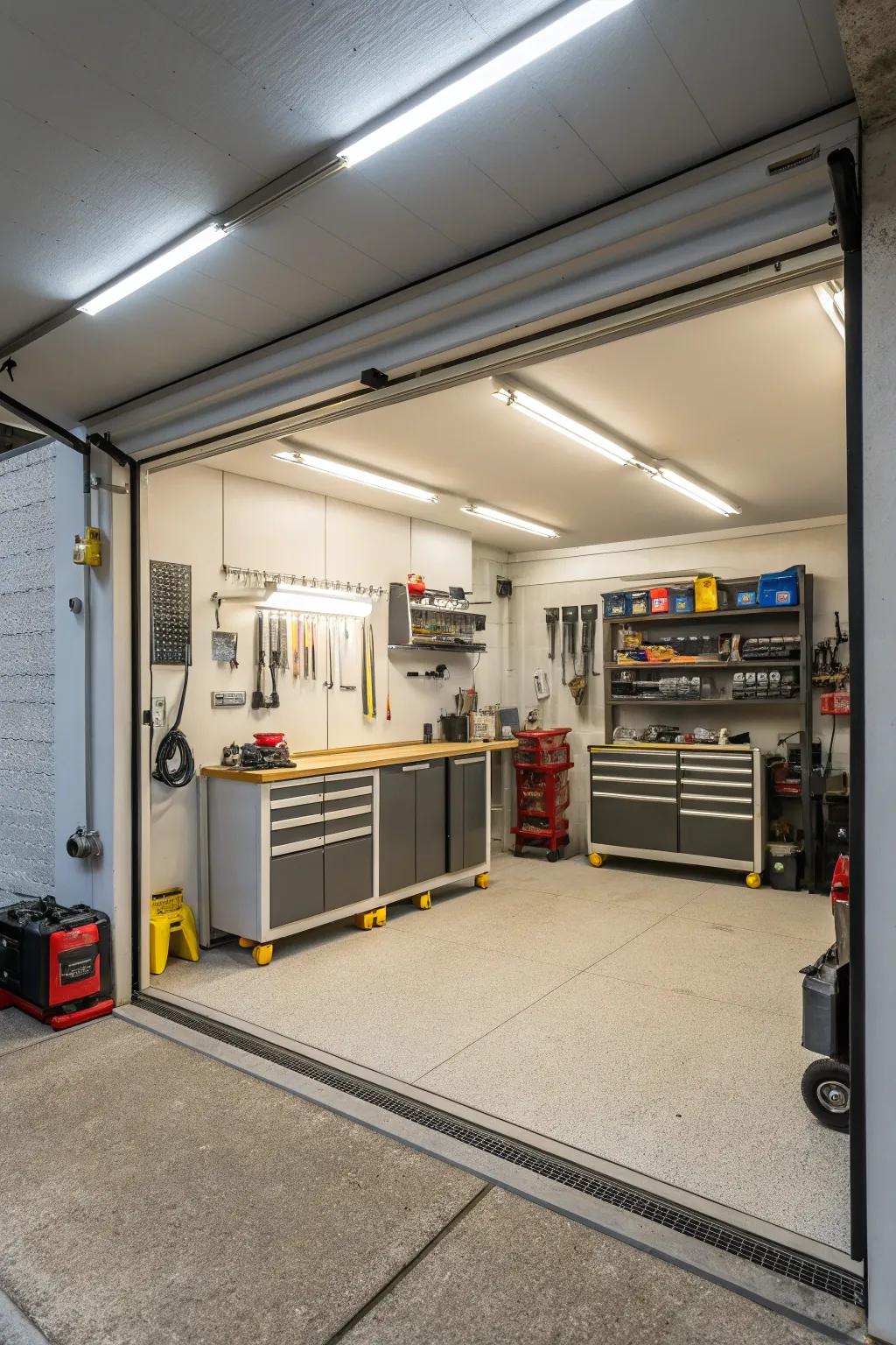 Garage illuminated brightly for safety and functionality.