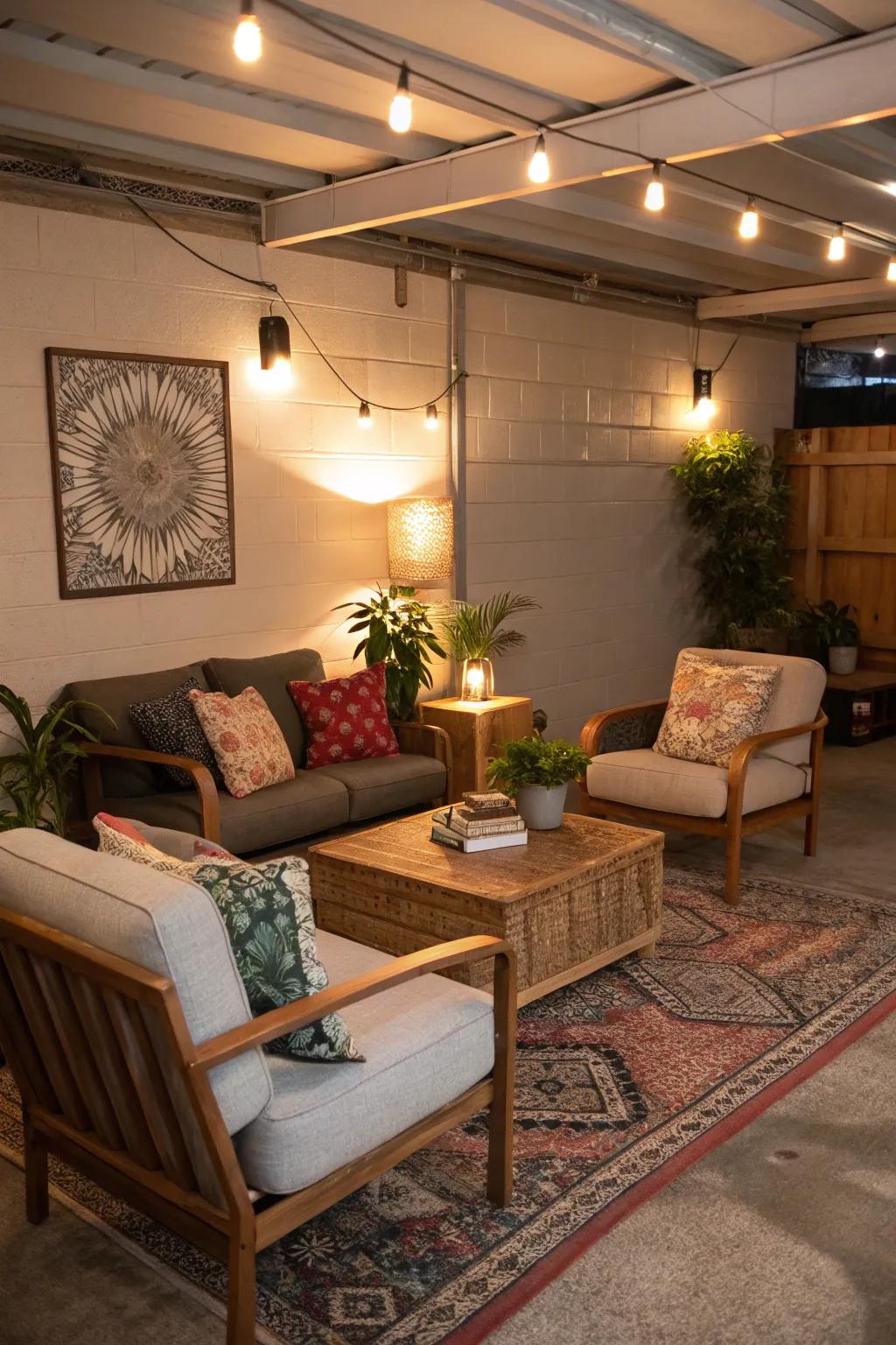 Cozy seating area adds comfort to the garage.