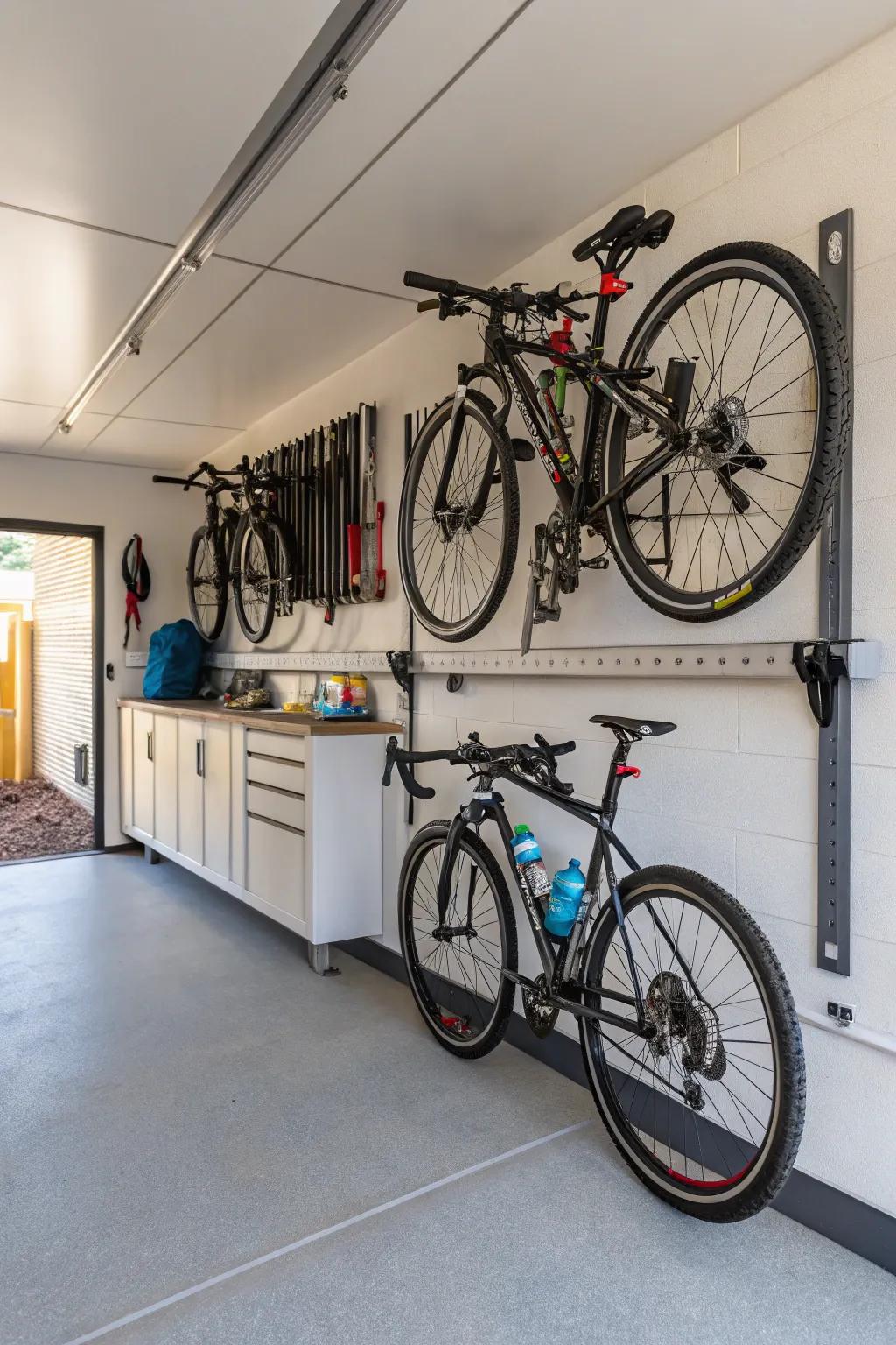 Wall-mounted bike rack keeps bicycles organized.