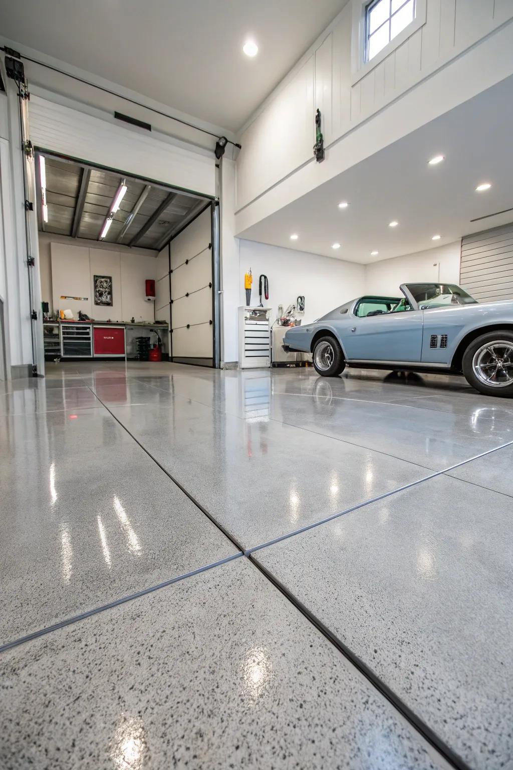 Epoxy flooring offers durability and sleek appearance.