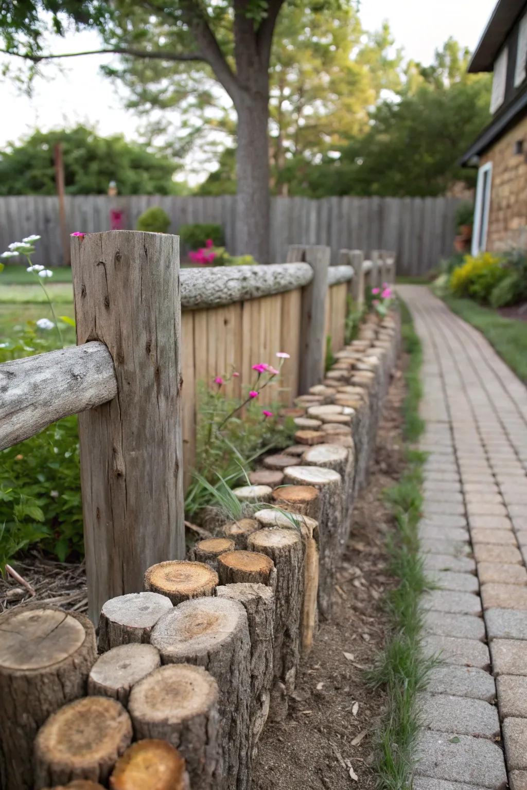 Timber log sections fashion a captivating countryside border.