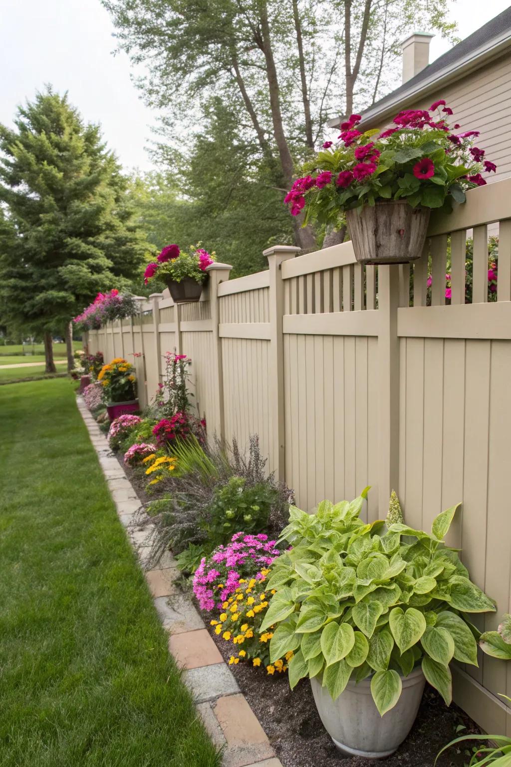 Planters along the fence personalize your expanse through hue.