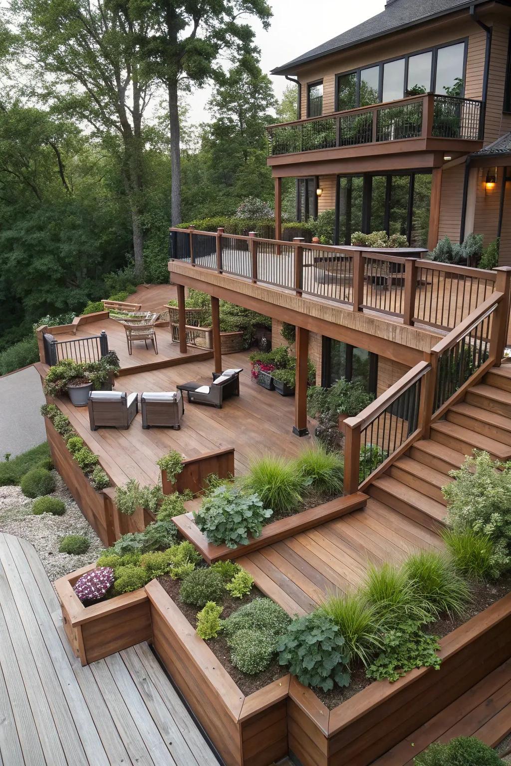 Multi-level deck design maximizes outdoor space.