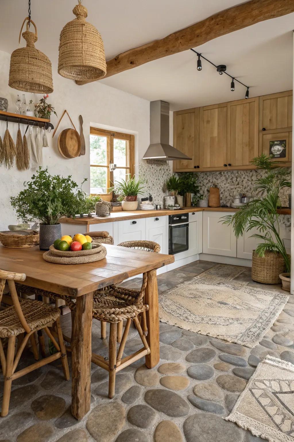 River rock floors add natural texture and charm.