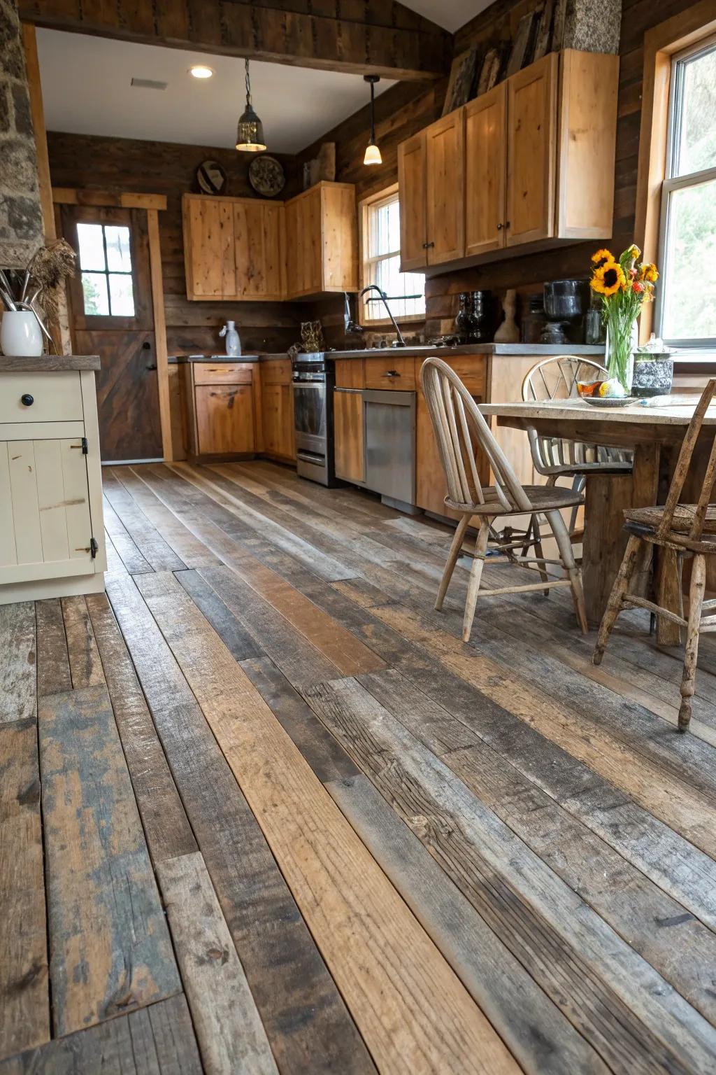 Reclaimed wood floors bring history and character.