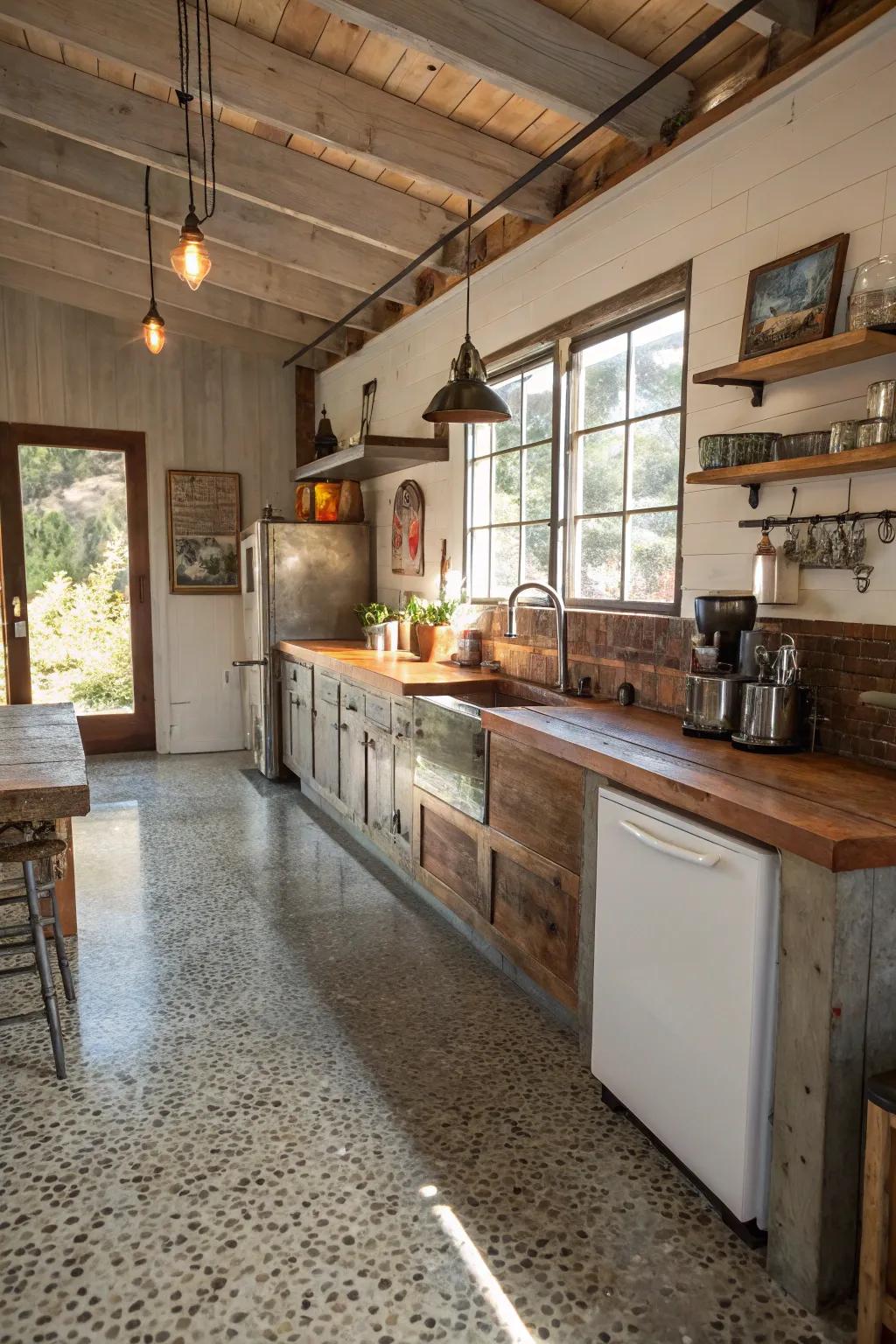 Exposed aggregate concrete blends industrial and rustic styles.