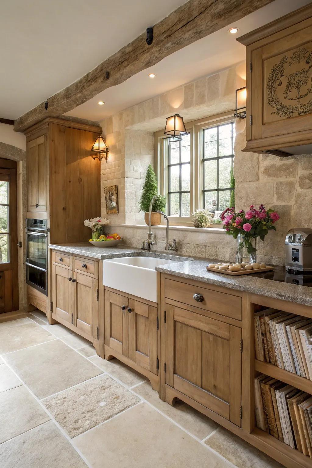Limestone floors combine refinement with rustic charm.