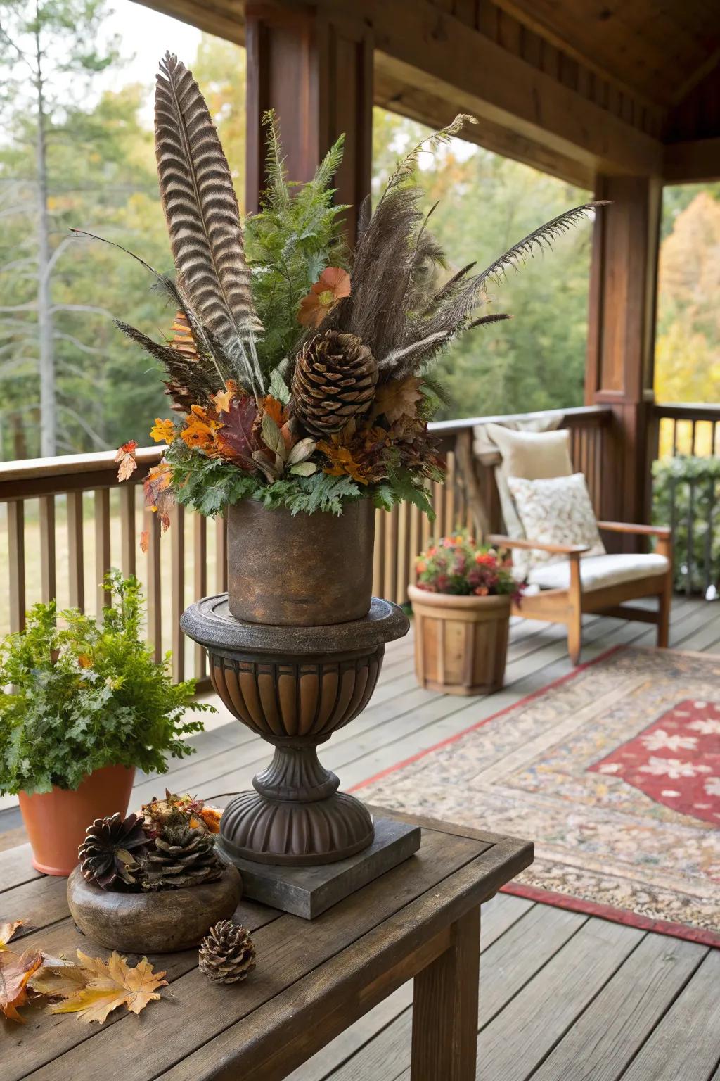 Natural feathers and pinecones arranged in a seasonal planter for a woodland feel.