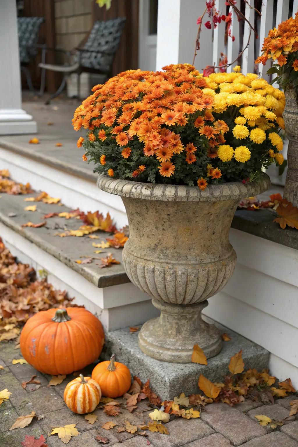 Traditional combination of gourds and chrysanthemums in a stone planter.