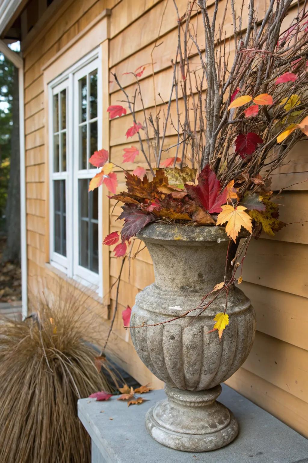 Branchlets and fall leaves creating a rustic look in a seasonal planter.