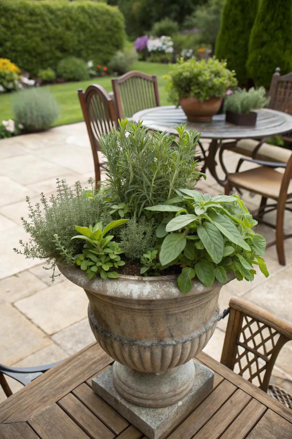 Fragrant culinary herbs thriving in a seasonal planter.