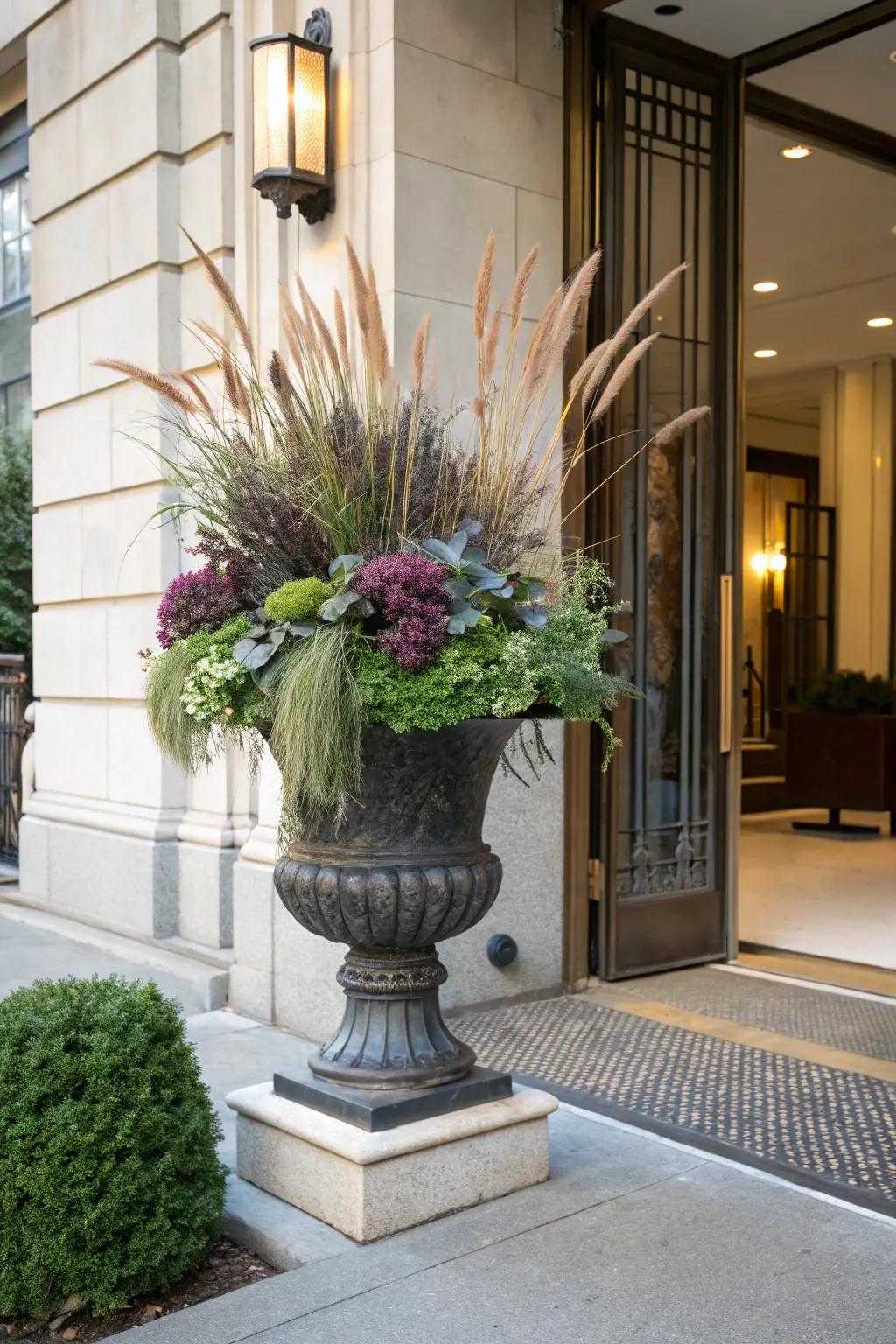 Decorative grasses paired with flowering cabbages in an autumn planter.