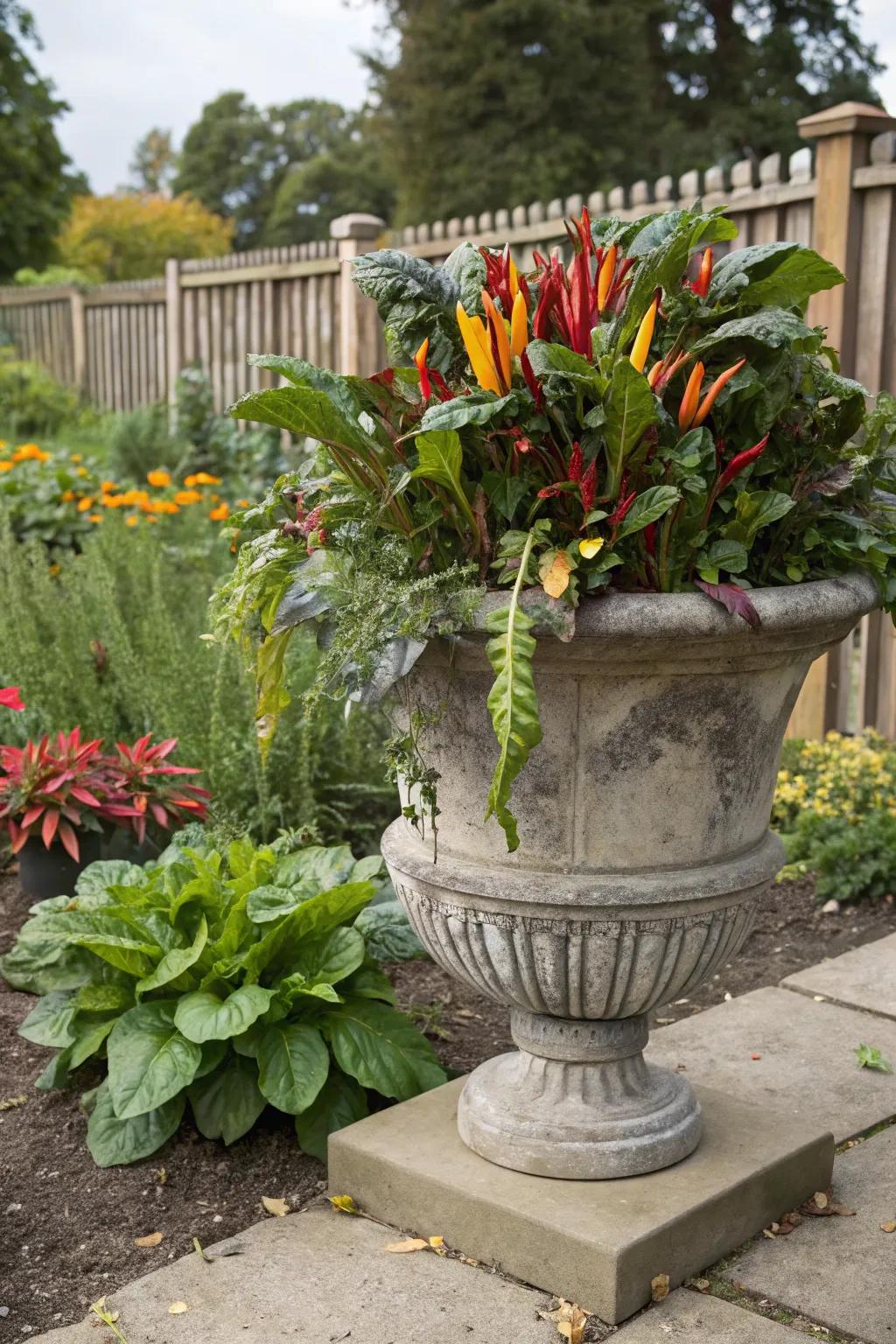 Colorful garden vegetables displayed in a seasonal planter.