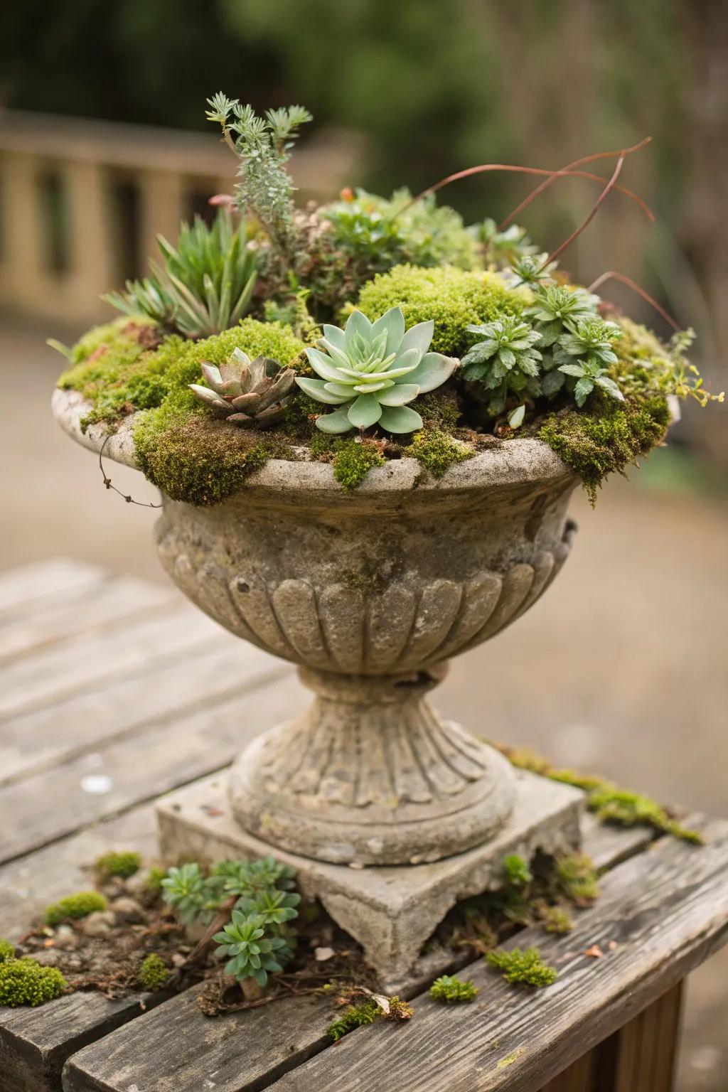 Creative mix of succulents and moss in a seasonal planter.
