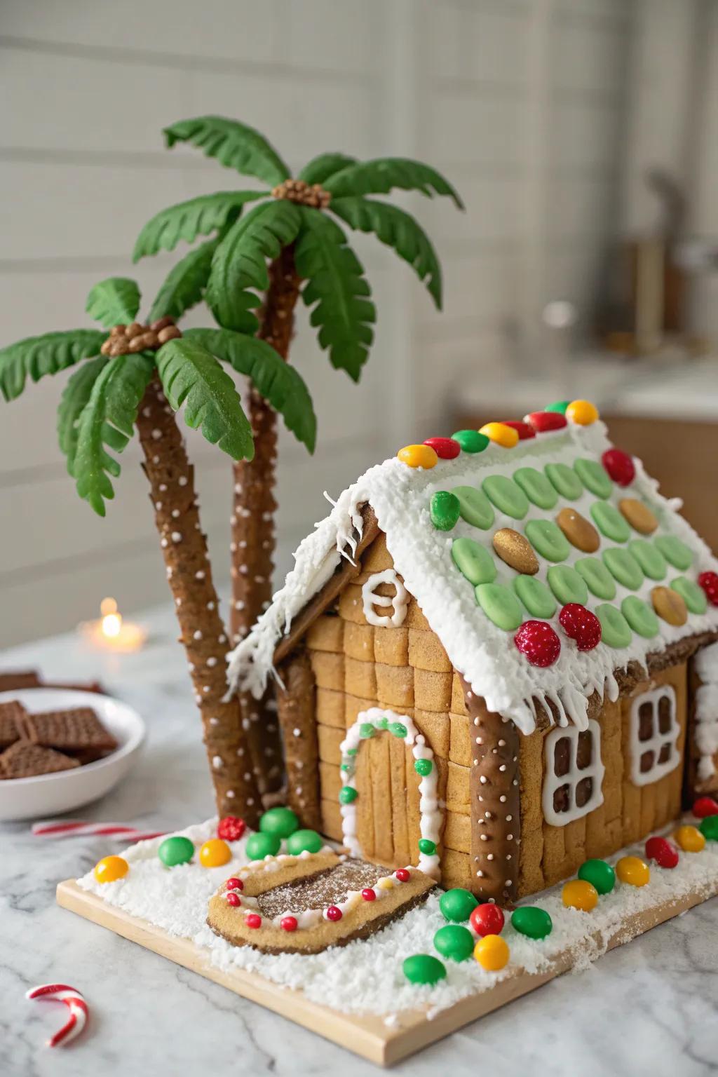 Pretzel rods and green candy leaves form tropical palm trees.