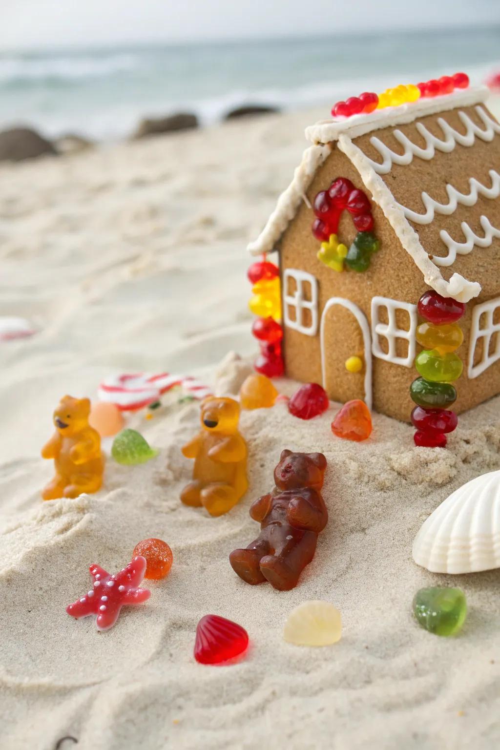 Gummy bears lounging on the beach add a fun, lively touch.