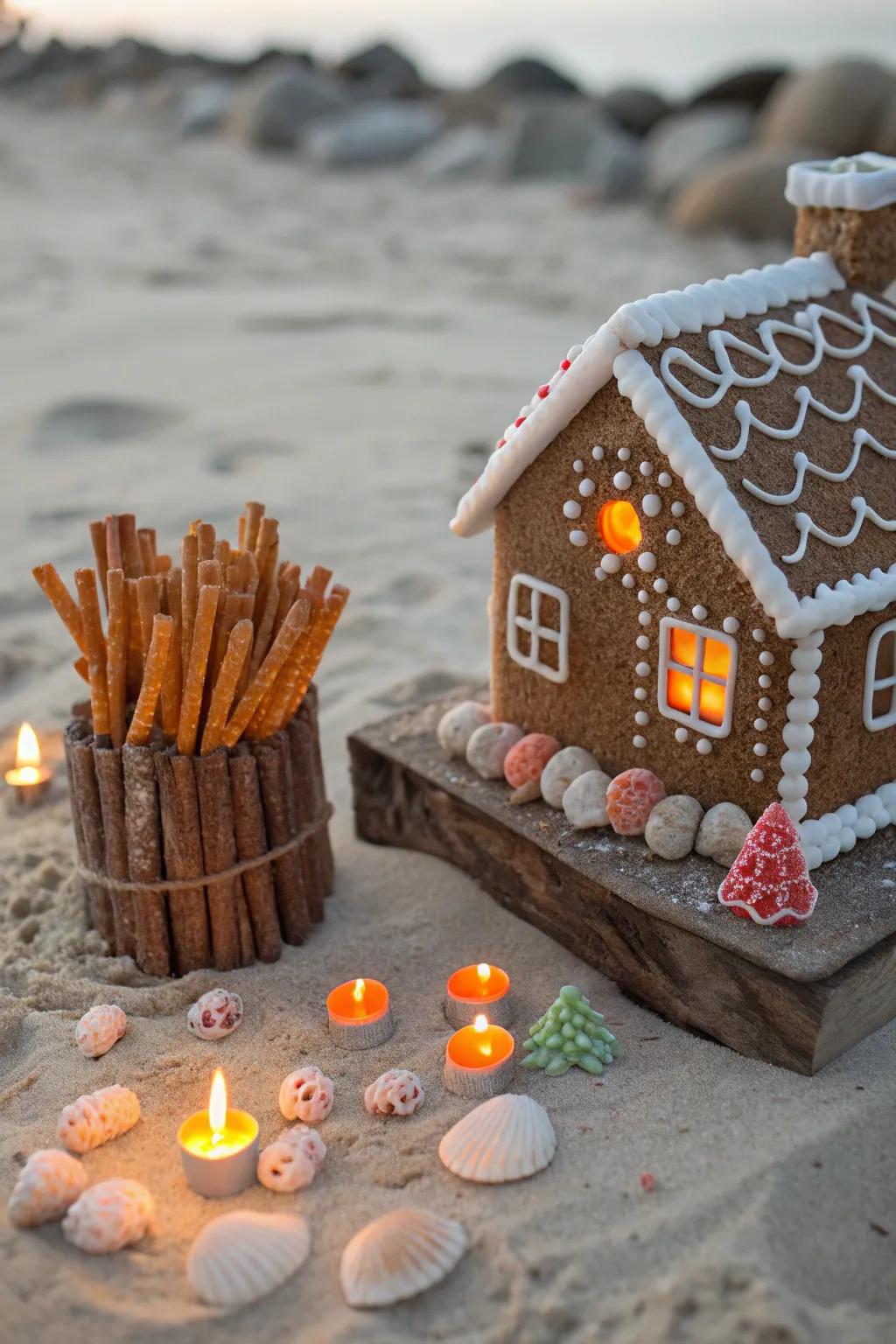 A small beach bonfire made from pretzels and orange candy adds warmth.