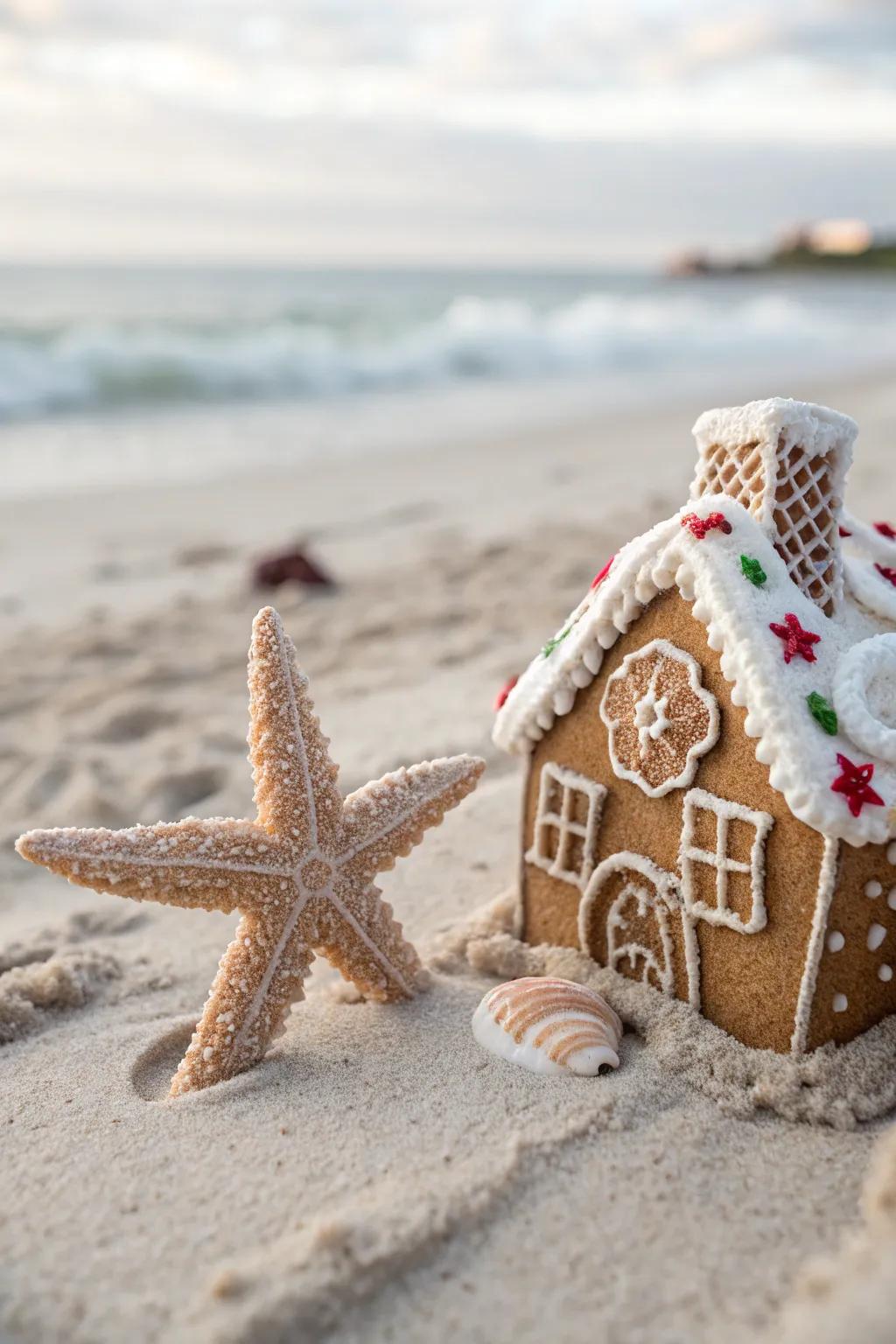Frosted starfish add charming maritime accents to the gingerbread beach.