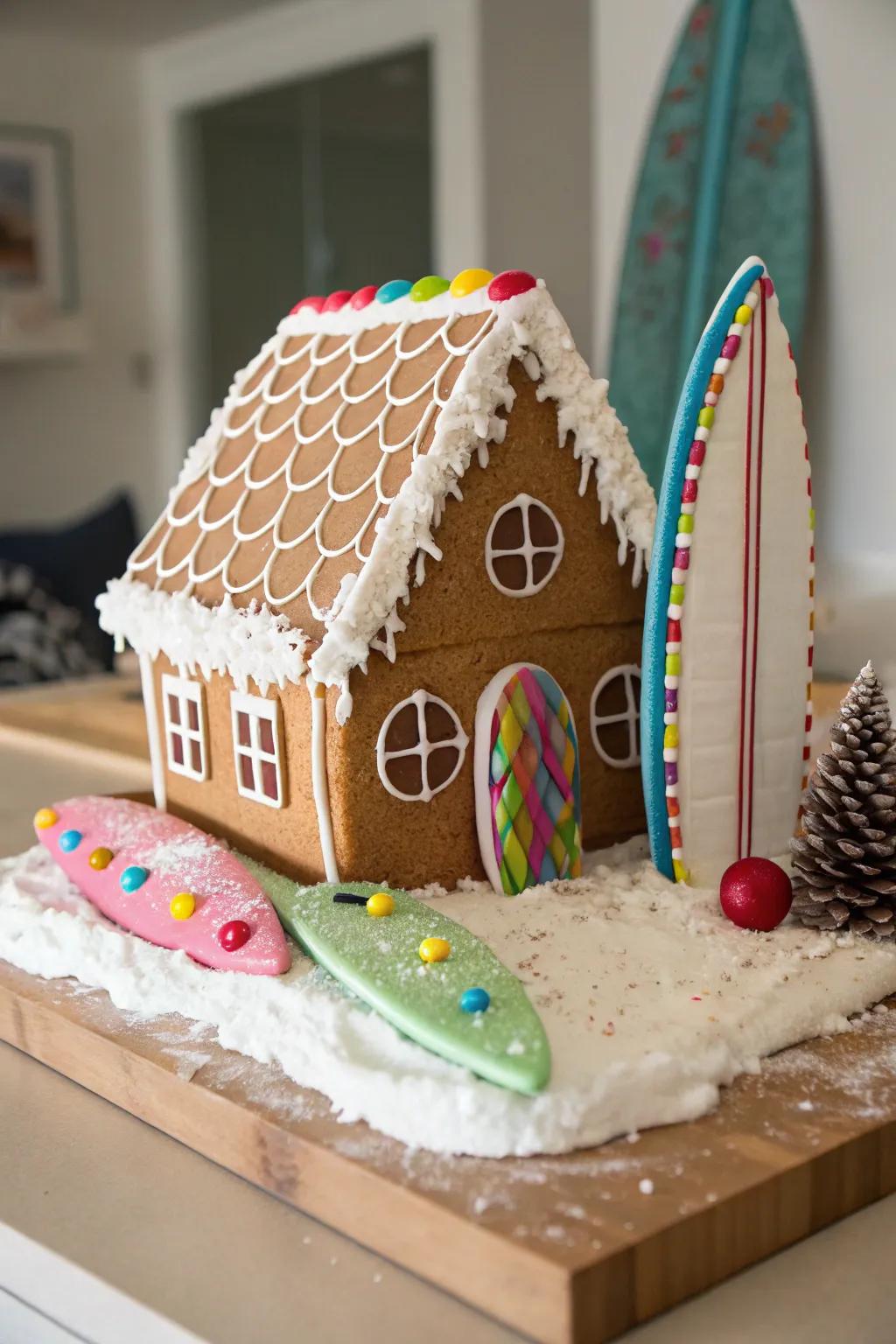 Sugar paste surfboards add a fun, sporty vibe to the gingerbread beach.