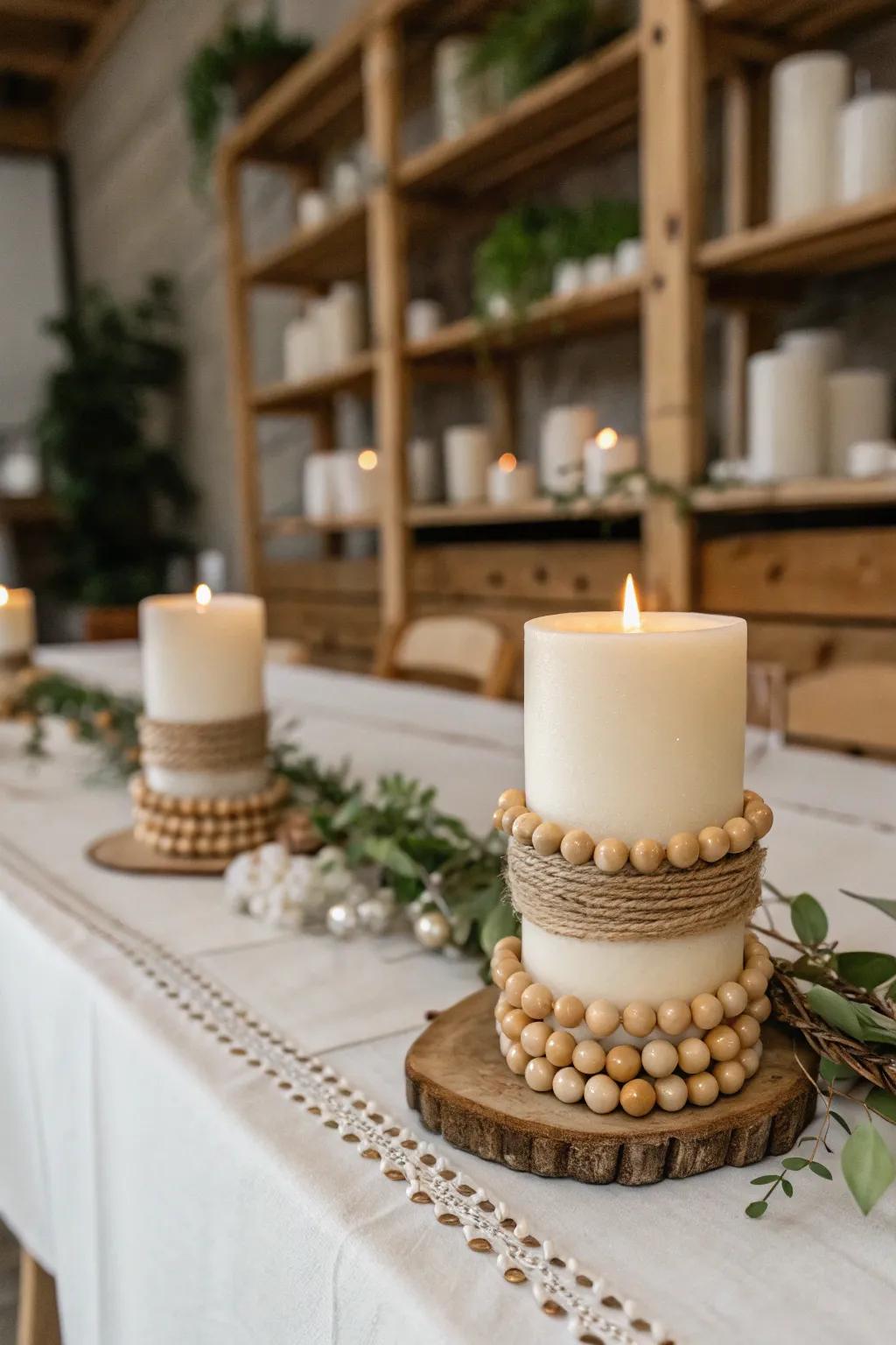 Candle holders wrapped with wooden bead garland creating a cozy glow.