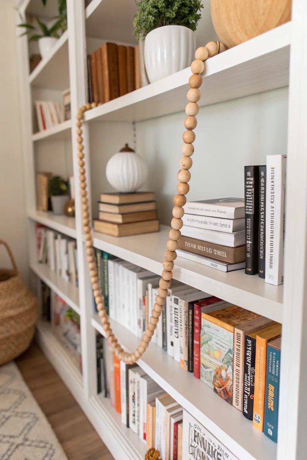 Wooden bead garland styled on a bookshelf for added warmth.