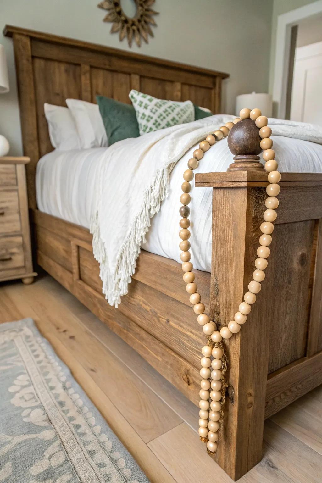 Headboard adorned with a wooden bead garland for a cozy bedroom feel.