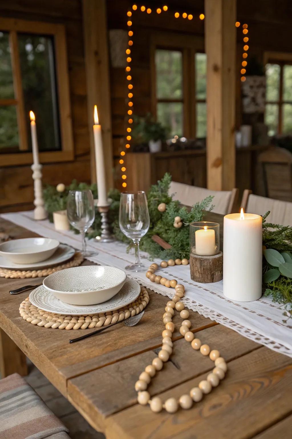 Wooden bead garland centerpiece on a rustic dining table.