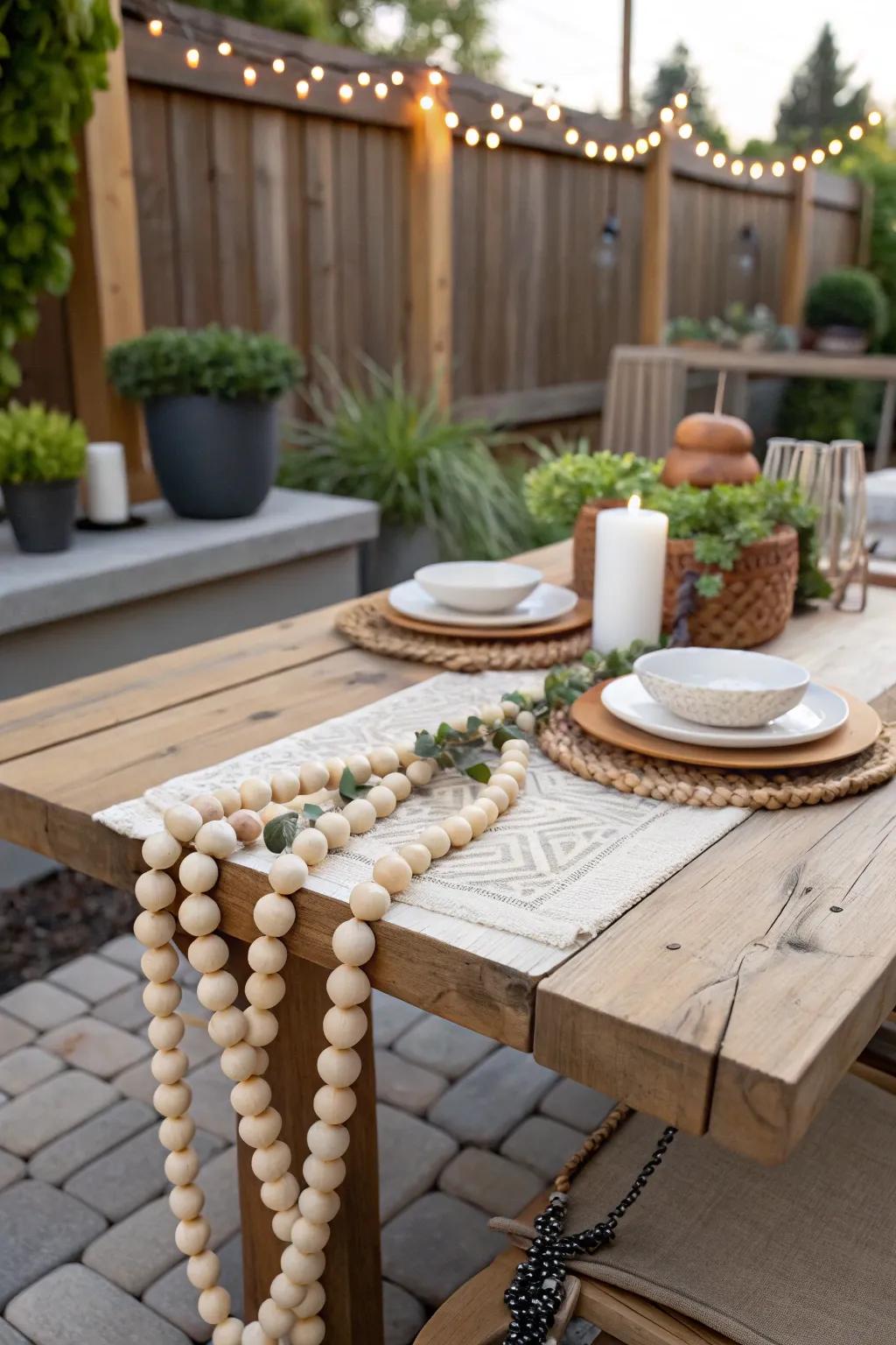 Outdoor patio decorated with wooden bead garland for a cozy vibe.