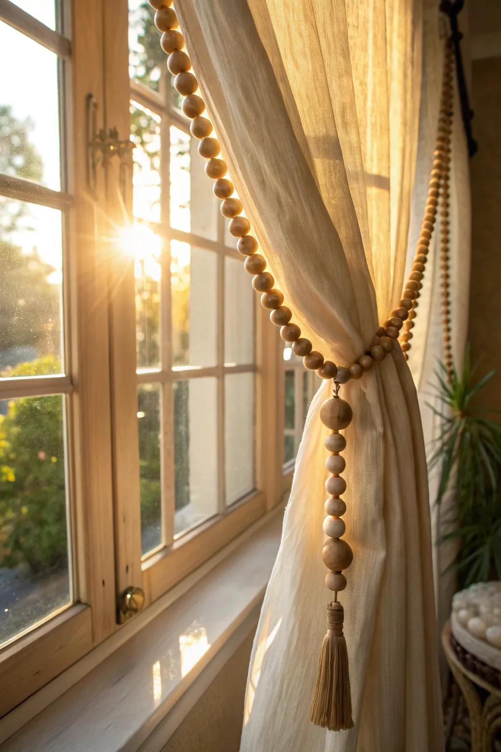 Curtains elegantly held back with a wooden bead garland.