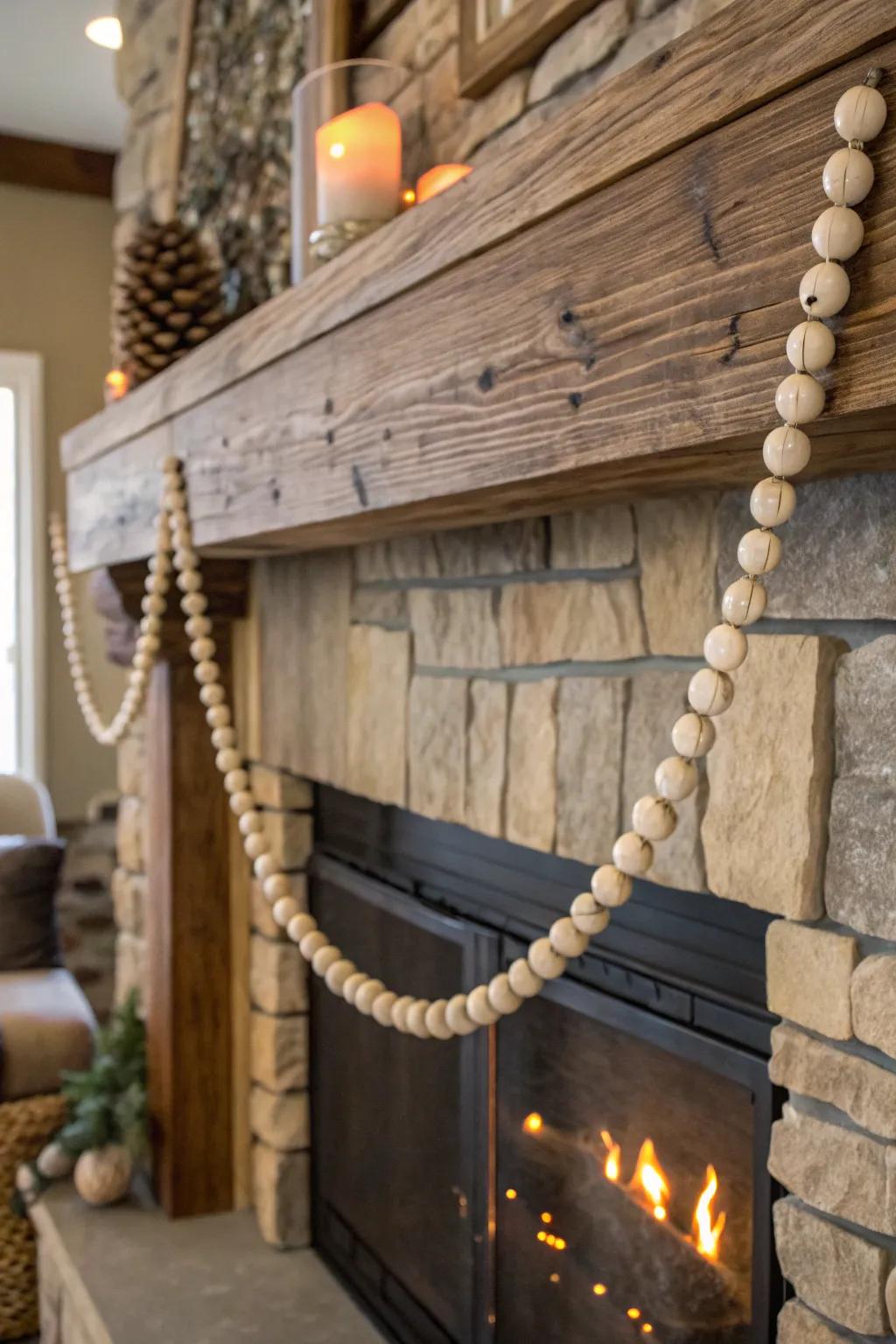 Wooden bead garland draped across a cozy fireplace mantel.