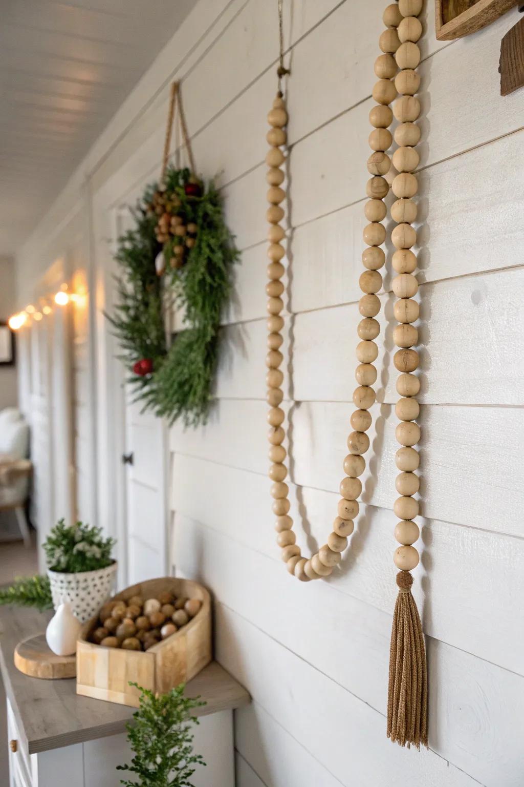 Wooden bead garland styled as wall art.