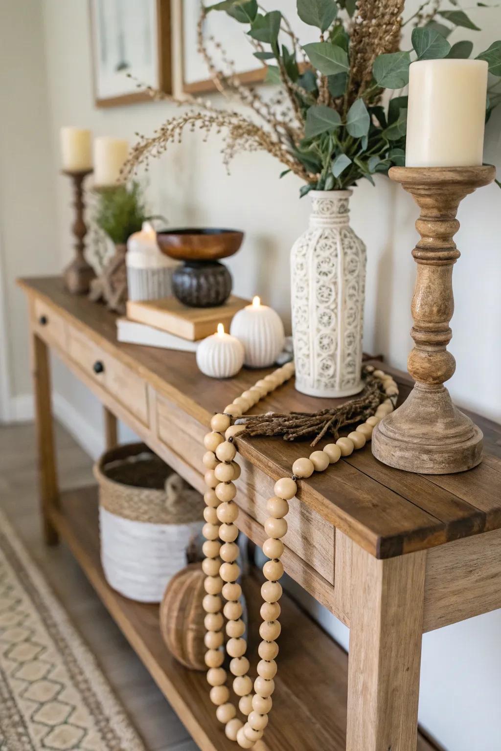 Console table decorated with wooden bead garland for added interest.