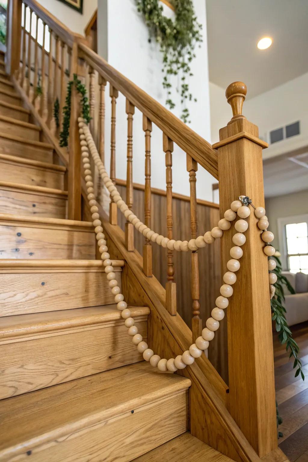 Staircase railing adorned with wooden bead garland for rustic charm.