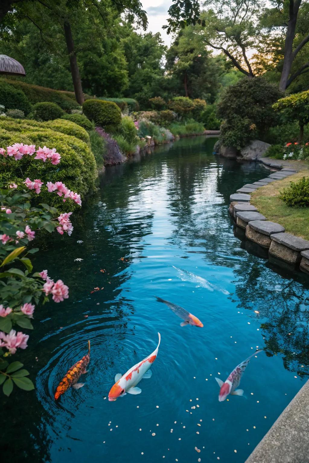 A koi pond with tinted water to reduce heat.