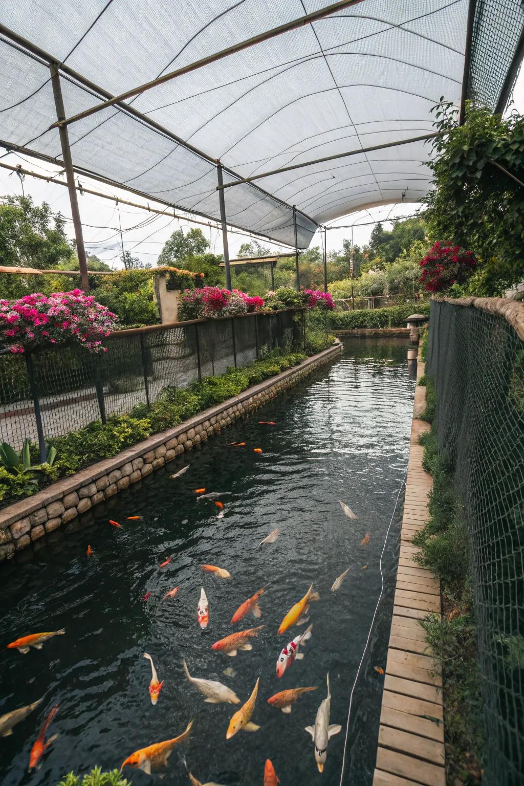 A koi pond shaded by fencing and overhead canopies.