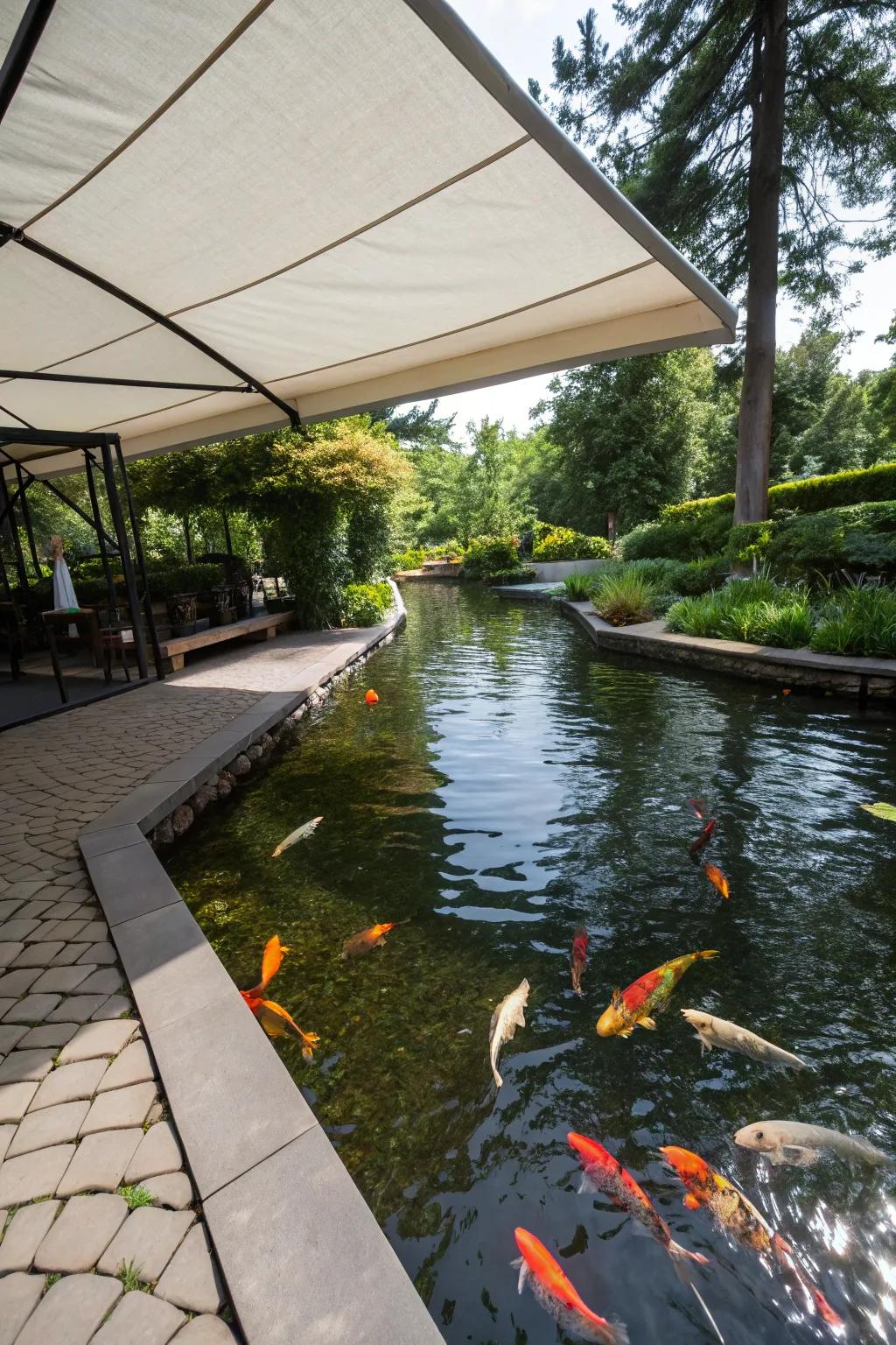 A koi pond shaded by a retractable canopy for adjustable coverage.