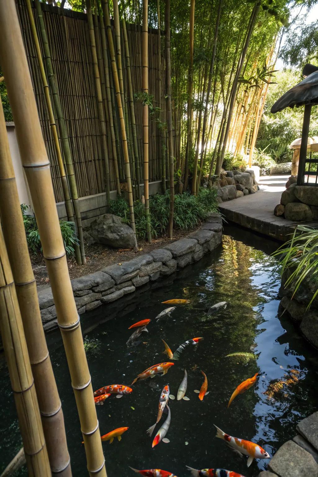 A koi pond shaded by charming bamboo shades.