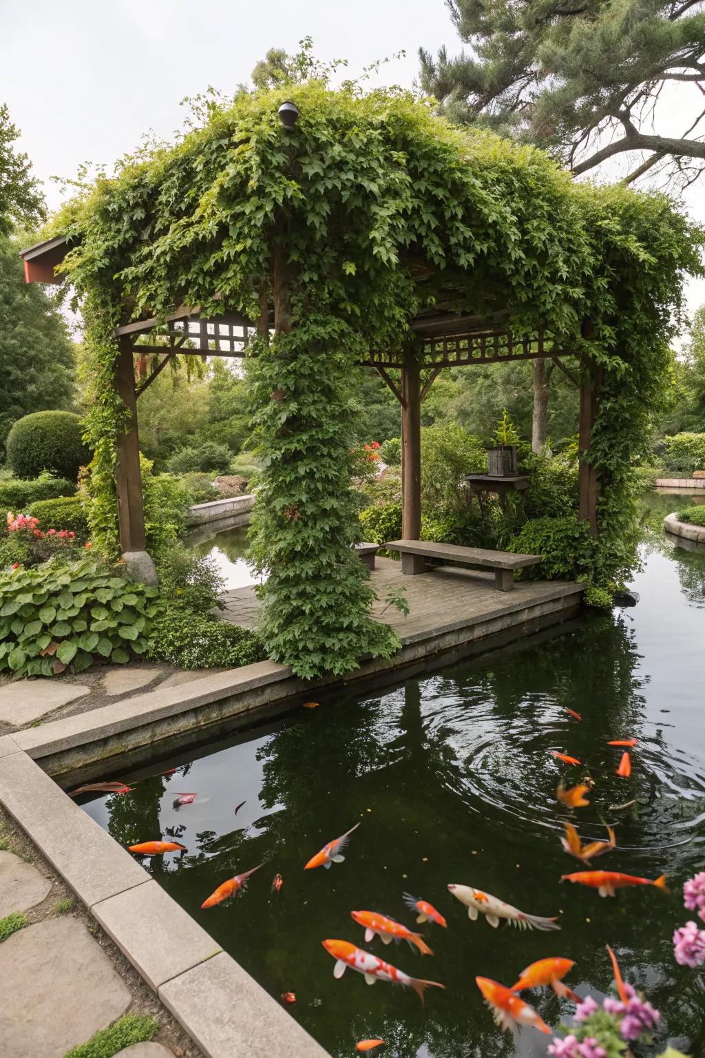 A koi pond shaded by an arbor covered in lush climbing vines.