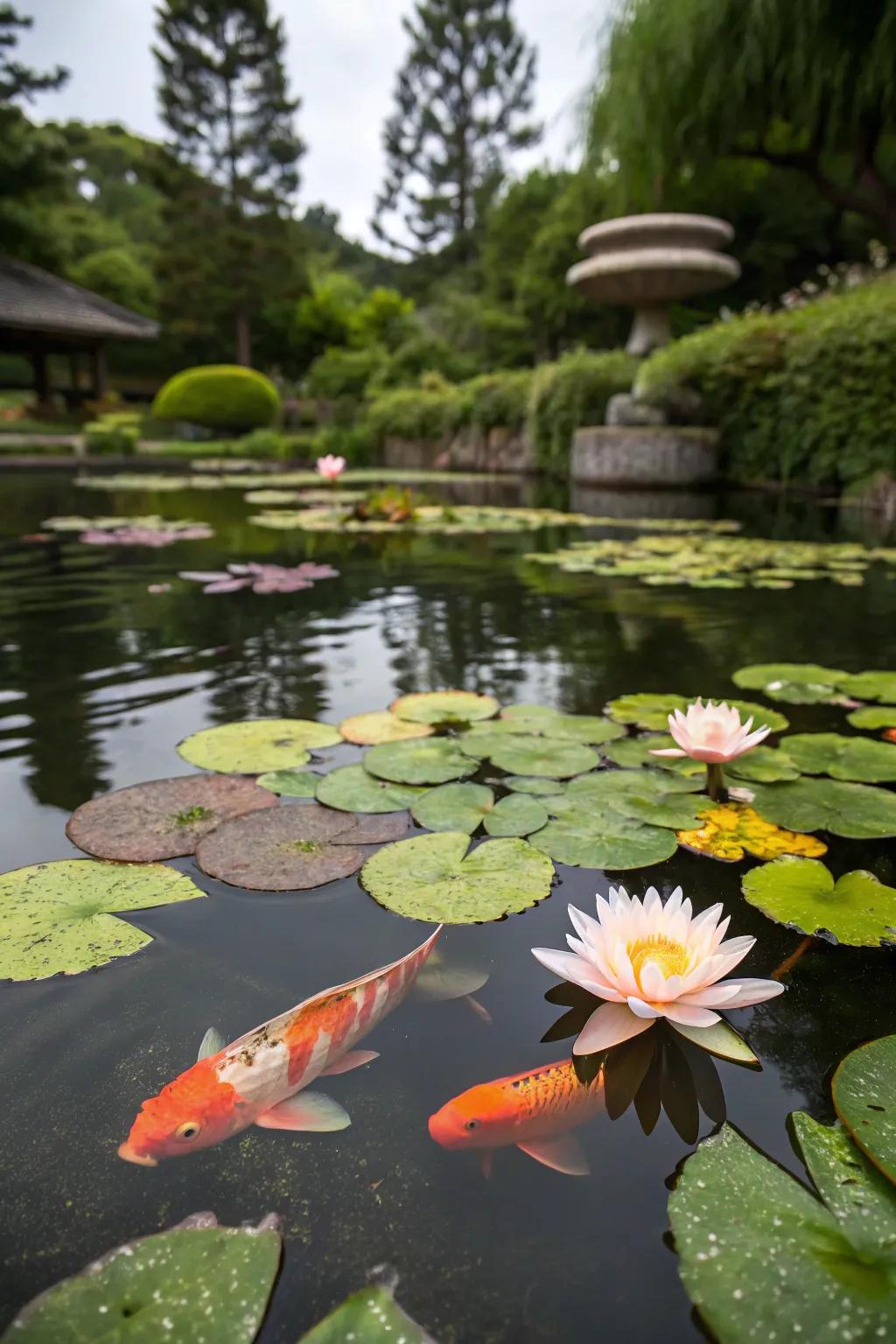 A koi pond shaded by floating water lilies.