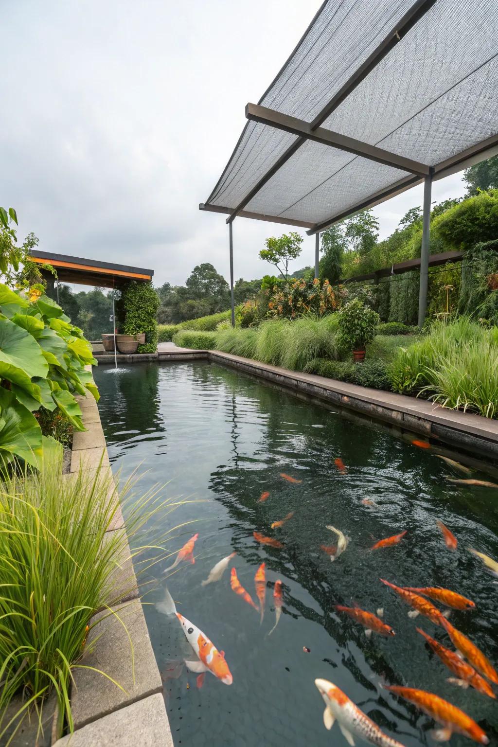 A koi pond benefiting from plant filters that provide shade and clean water.